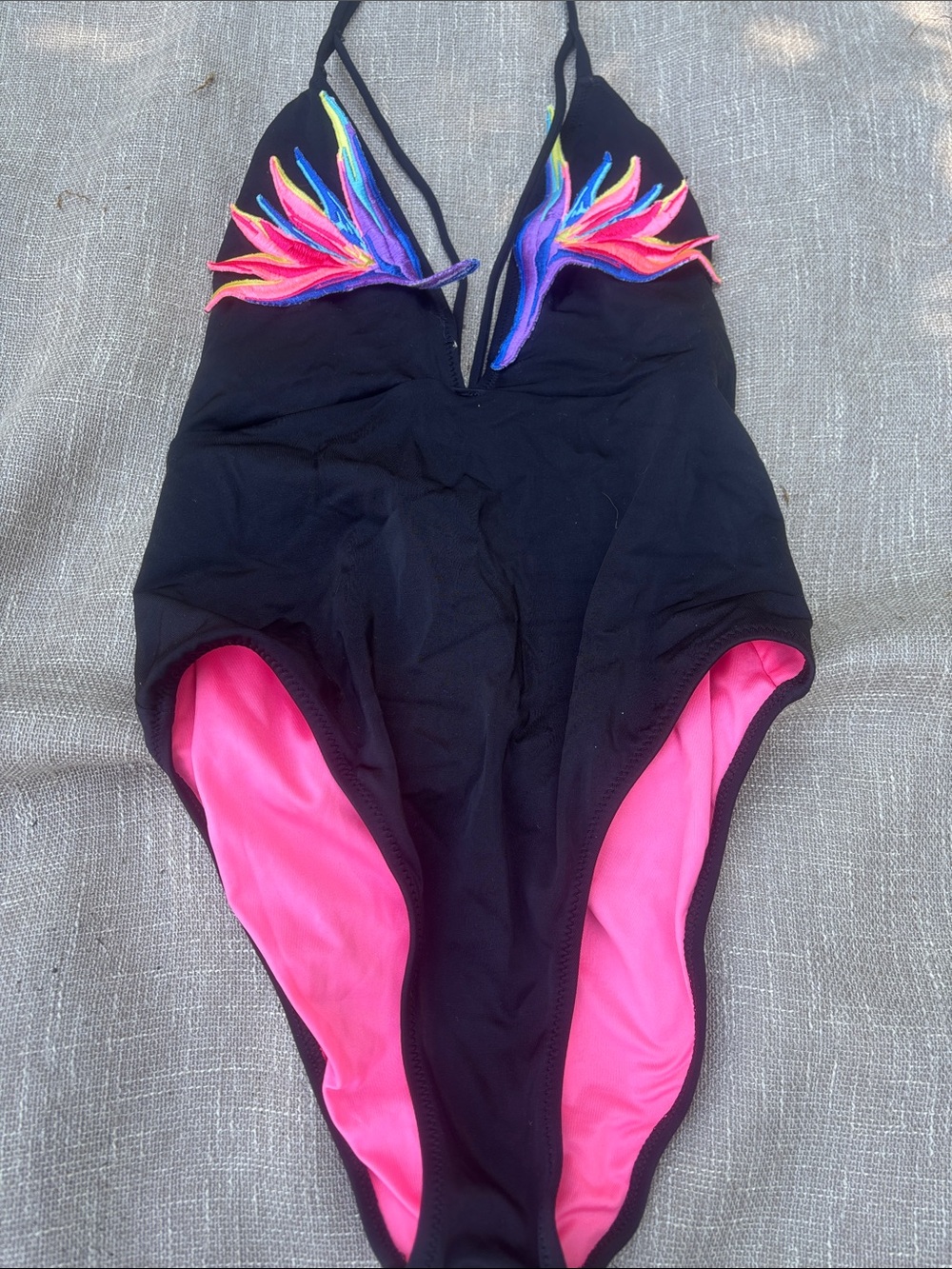 Black One-Piece Swimsuit with Pink Lining and Multicolor Embroidery